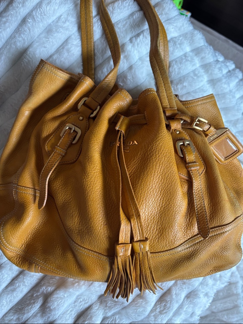 Prada Yellow-Tan Leather Drawstring Shoulder Bag - Picture 2 of 16